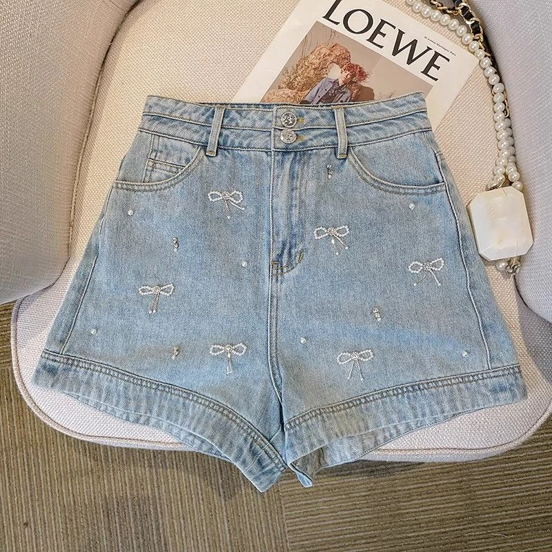 

Bowtie Beaded Denim Shorts for Women's Summer 2024 New High Waisted Loose Wide Leg Pants Korean Fashion Slim Fit Hotpants