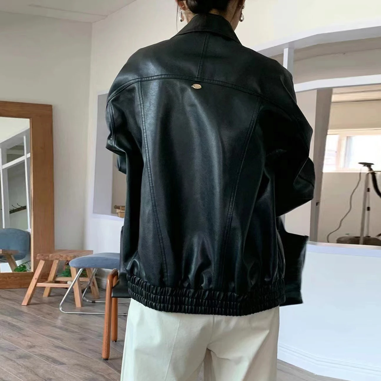 Vintage BF Style Motorcycle Jacket PU Leather Zipper Loose Fit Versatile Collar Biker Coat Women's Casual Fashion Outerwear