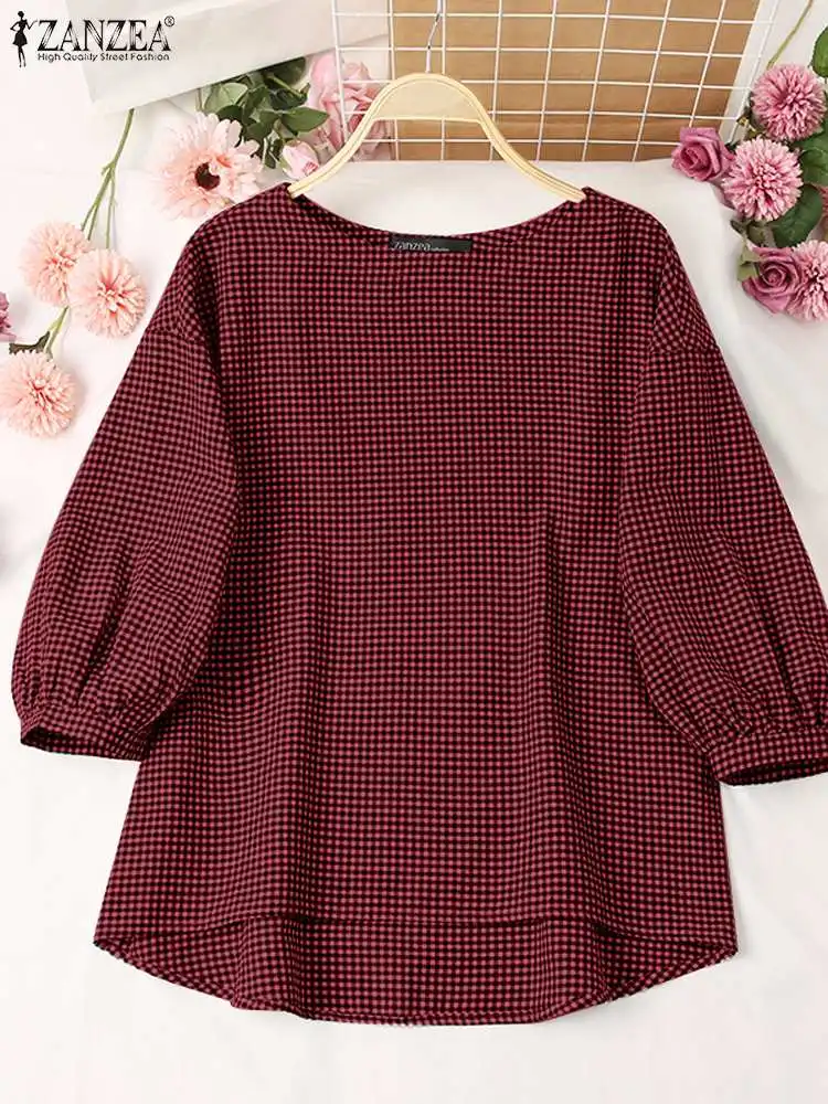 Vintage Plaid Checked Blouse ZANZEA Autumn Women Tops Casual O Neck 3/4 Sleeve Baggy Shirt Female Elegant OL Work Blusas 2024