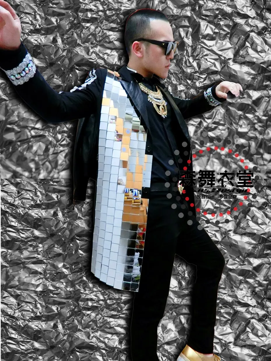 Autumn Men's New Fashion Singer DJ Long Suit Coat GD Mirror Heavy Manual Palace Jacket Costumes Plus Size Outerwear Stage Dress