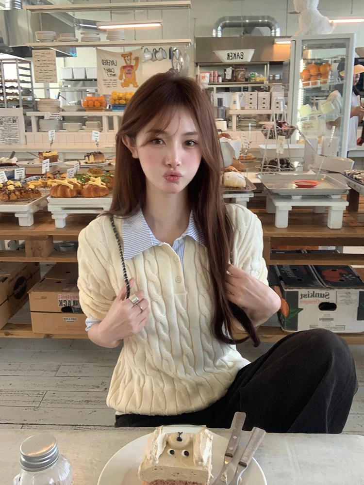 Dolce maglione con giunture a righe a pois da donna autunno inverno morbido grassoccio lungo colletto Sve maglieria mattutini campana Ev...