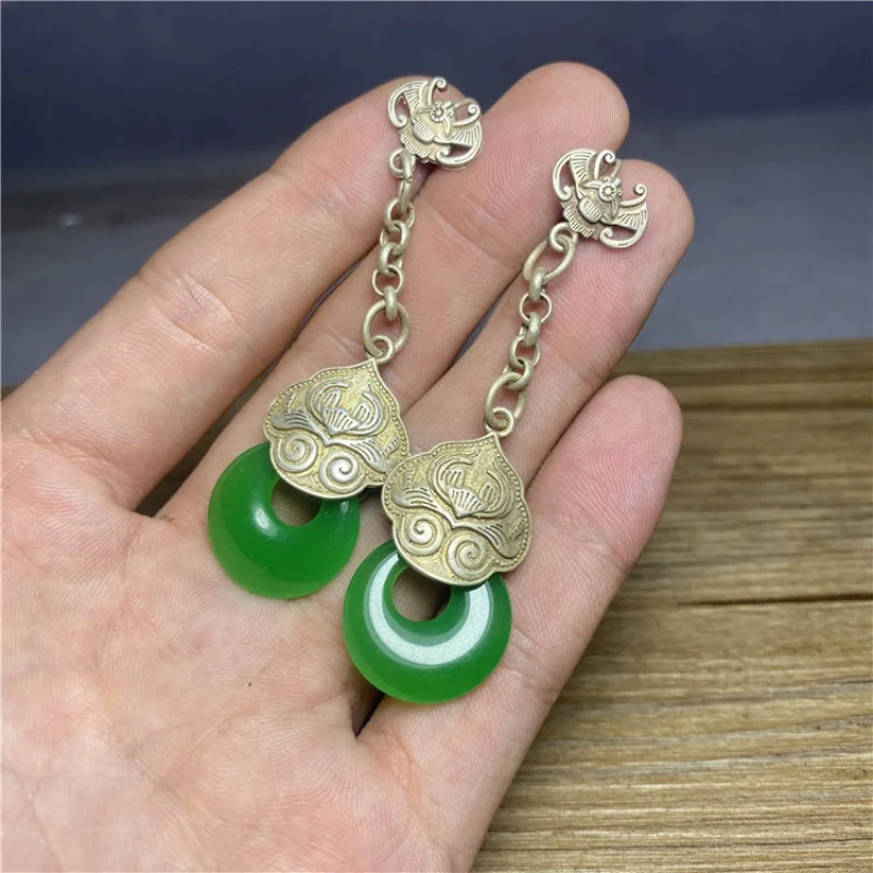 Antique Collection Qing Dynasty Old Jadeite Jade Ice-like Egg Noodles Ring Gem Old Silver Inlaid Earrings Eardrops Pure Silver E