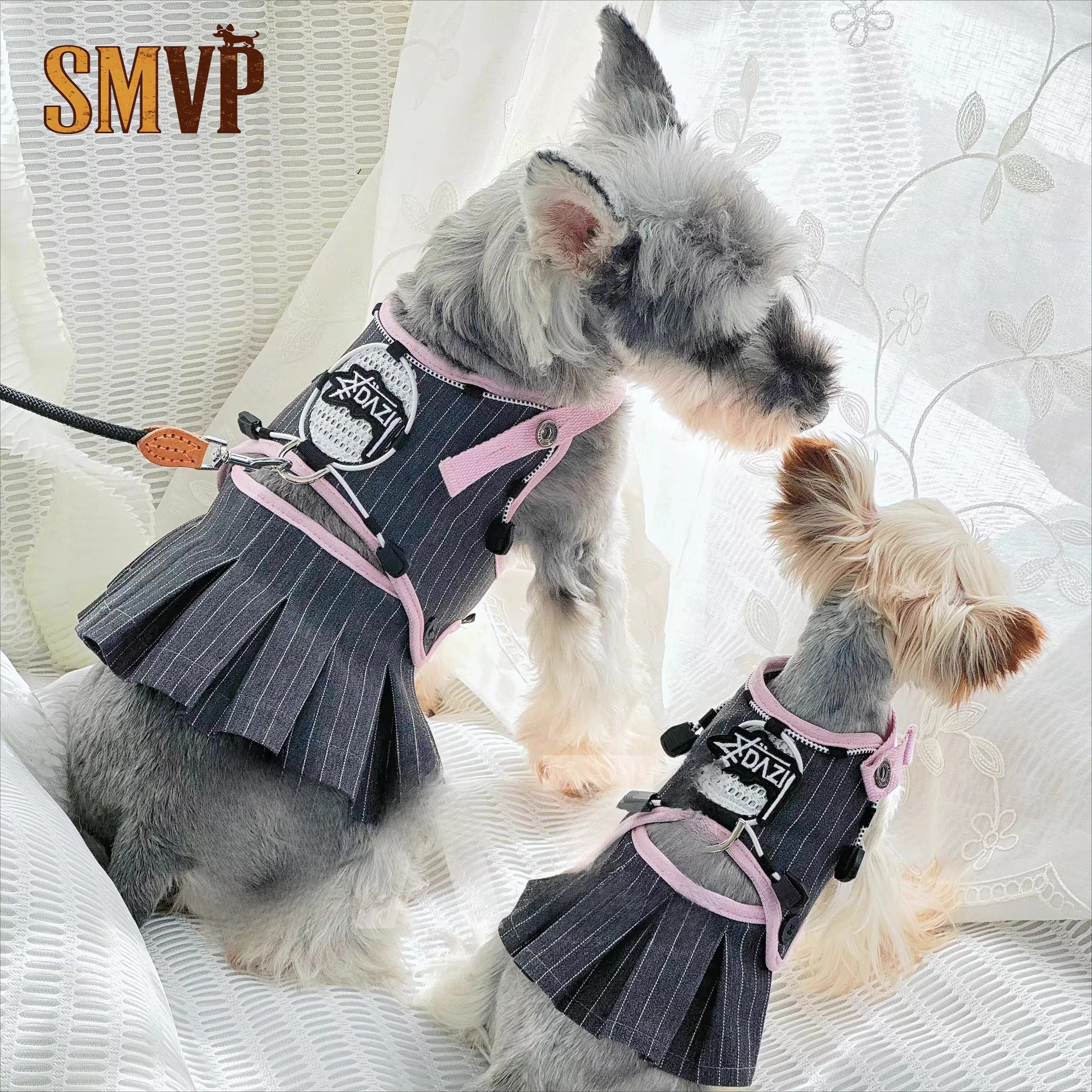 

Summer Dark Grey Striped Halter Pleated Dress Sports Casual Style Pet Small Dog Dress Includes Leash Pet Clothes