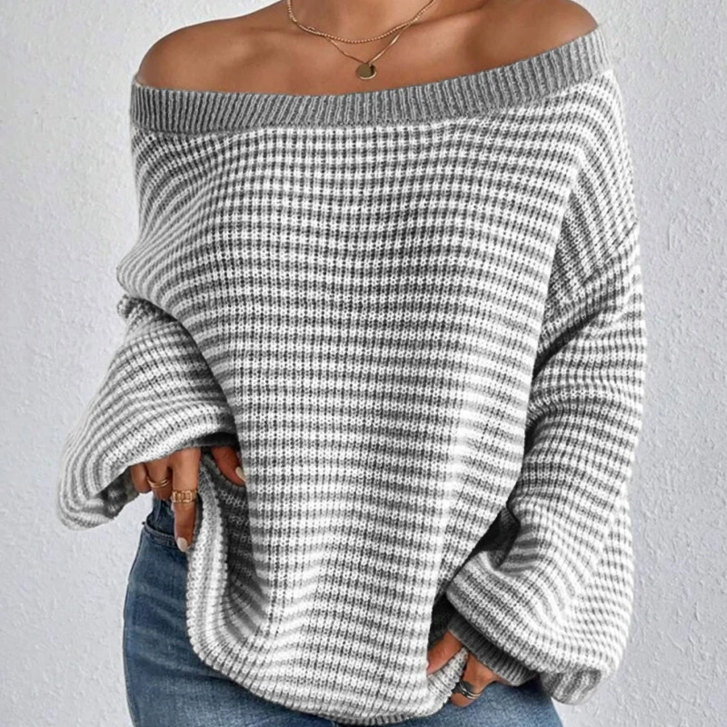 New Off Shoulder Sweater Women | Boat Neck Stripe Knit Top | Slouchy Drop Shoulder Loose Pullover