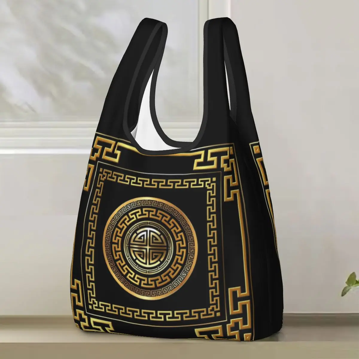 

Greek Key Meander Black Gold Large Shopping Bag Portable Tote Bags Reusable Shoulder Shopper Bag Grocery Handbag