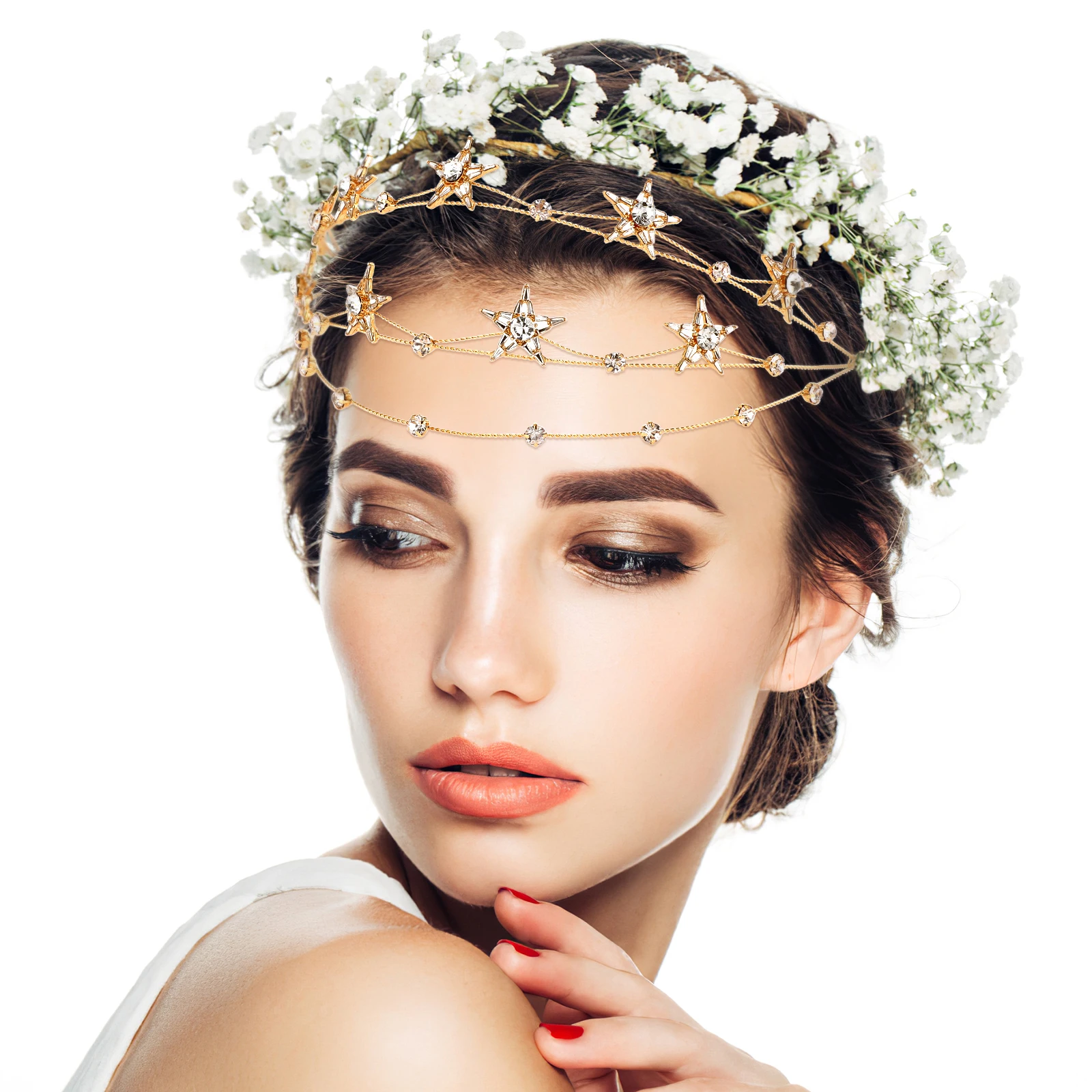 

Five-pointed Star Tiara Headband Rhinestone Women Korean Golden Tiaras Stars Bridal Wedding Crown Headdress Accessories