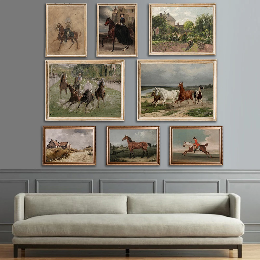 Nordic Rustic Horse Vintage Horse Art Farmhouse Equestrian Painting Antique Oil Painting Vintage Race Horse Print Wall Decor