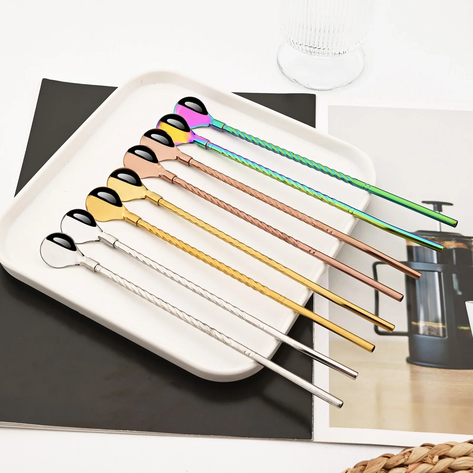6Pc Bunte Wiederverwendbare Stroh Edelstahl Metall Stroh Küche Cocktail Trinken Stroh Löffel Milch Bar Kaffee Rühren Zubehör