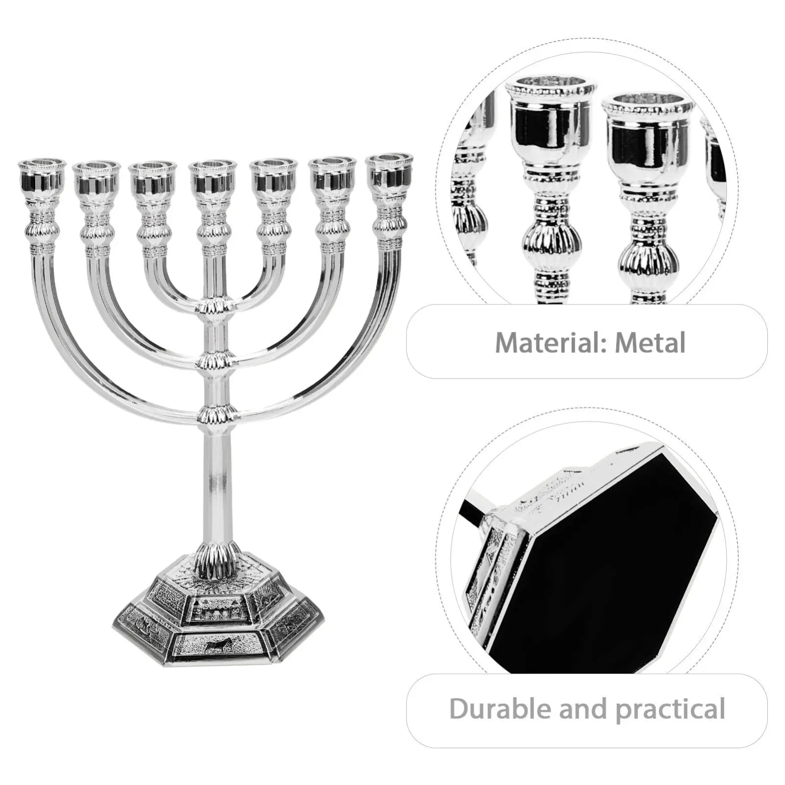 Vintage Metal Menorah 7 Arm Candle Stand Jerusalem Temple Candlestick Shabbat Decor Hanukkah Holiday Party Gift Retro Ornament