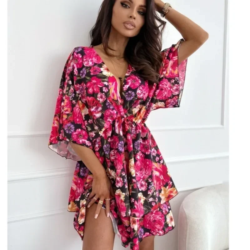 V-neck Short Dress Short Sleeve Sexy Dress Fashion Women Casual Loose Dress Party Club Office Lady Vestidos Elegant New 30229