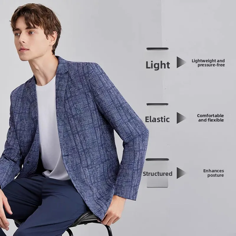 High-End Lightweight Knitted Me Qui-Dry Casual Men's Summer Thin Suit Jaet Busin Sle Long Sve round Hemline