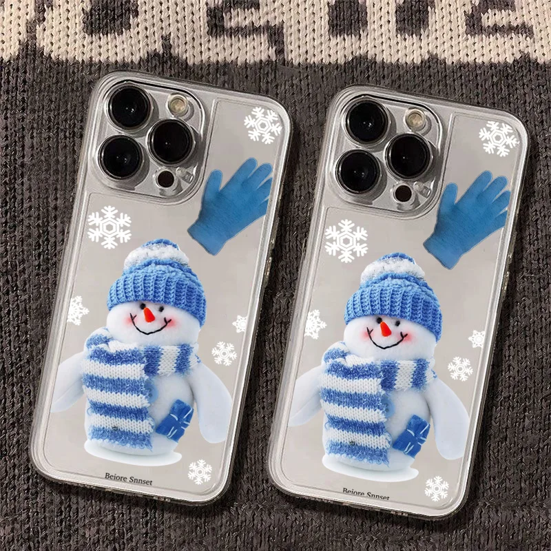 Ins Style Christmas Scarf Snowman Blue Glove Phone Case For iPhone 16 15 14 13 12 11 Pro XS Max XR 7 8 Plus Mini SE2 Clear Cover