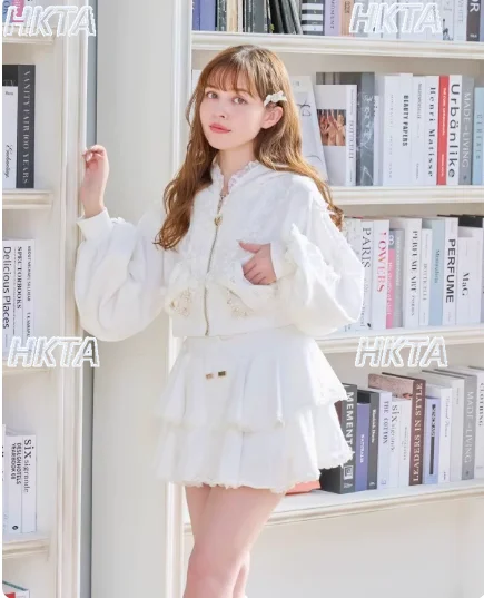 Japanese Sweet Pearl Lace Hooded Short Cardigan Jacket Hoodie Short Pleated Skirt Two-Piece Set Women New Autumn Liz Clothes