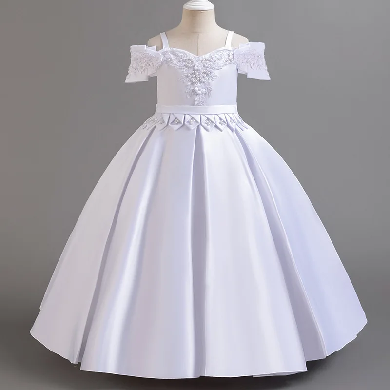 2025 New Girl's bow Dress 4-12 Year Old Fashion Pearl Embroidered Satin Dress Carnival Birthday Wedding Flower Child Clothing