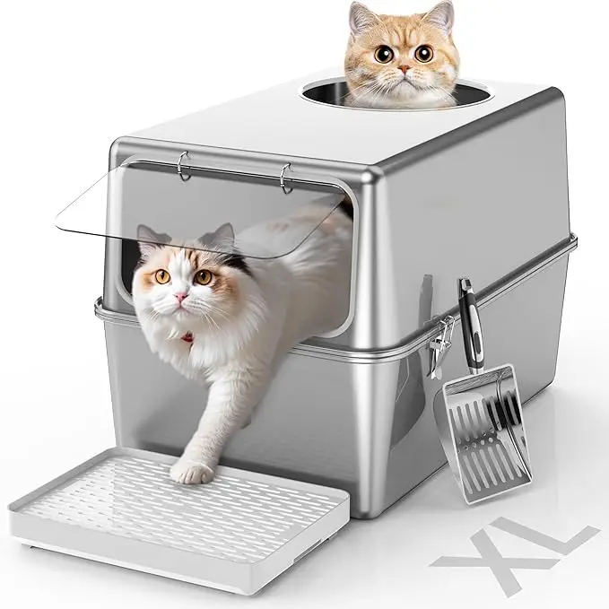 

OEM High Fence Oversized Stainless Steel Cat Litter Box Splash-proof Deepening Semi-closed Cat Toilet Easy Cleaning Function