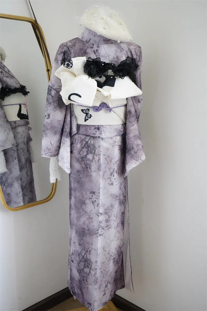 Japanese women's traditional kimono with small prints wrinkle-resistant ink prints lightweight summer wear double-layer