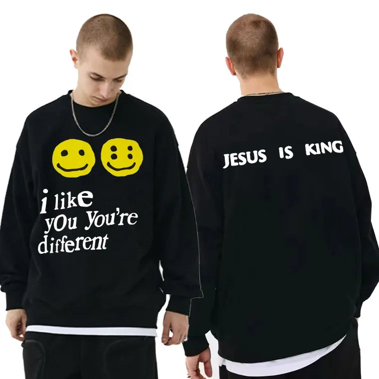 

Graffiti Smile Face I Like You Youre Different Jesus Is King Kanye West Men Women Oversized Pullover Hip Hop Rapper Sweatshirt