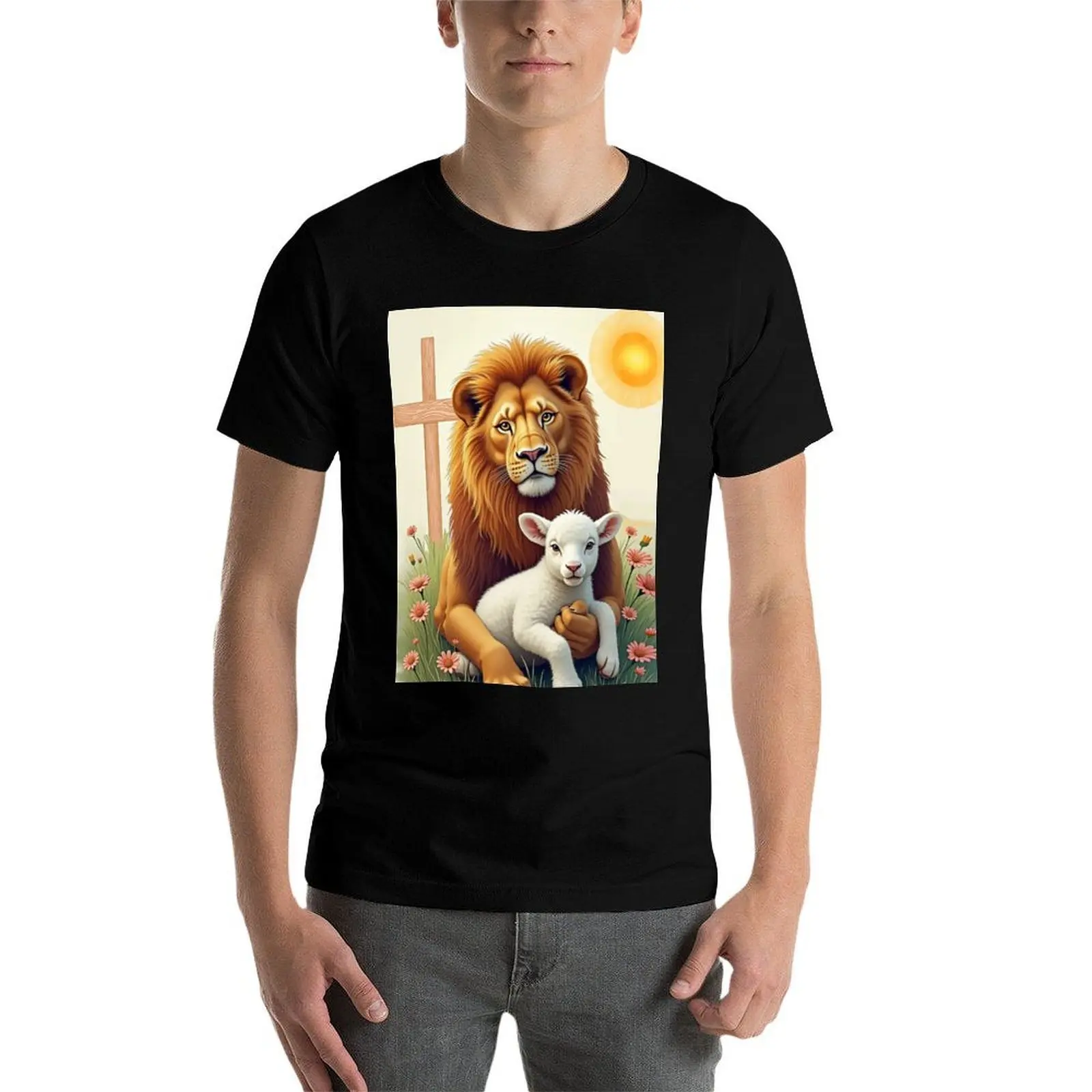 

Футболка с изображением льва и ягненка, мужские хлопковые мягкие мужские футболки, повседневная футболка для мужчин