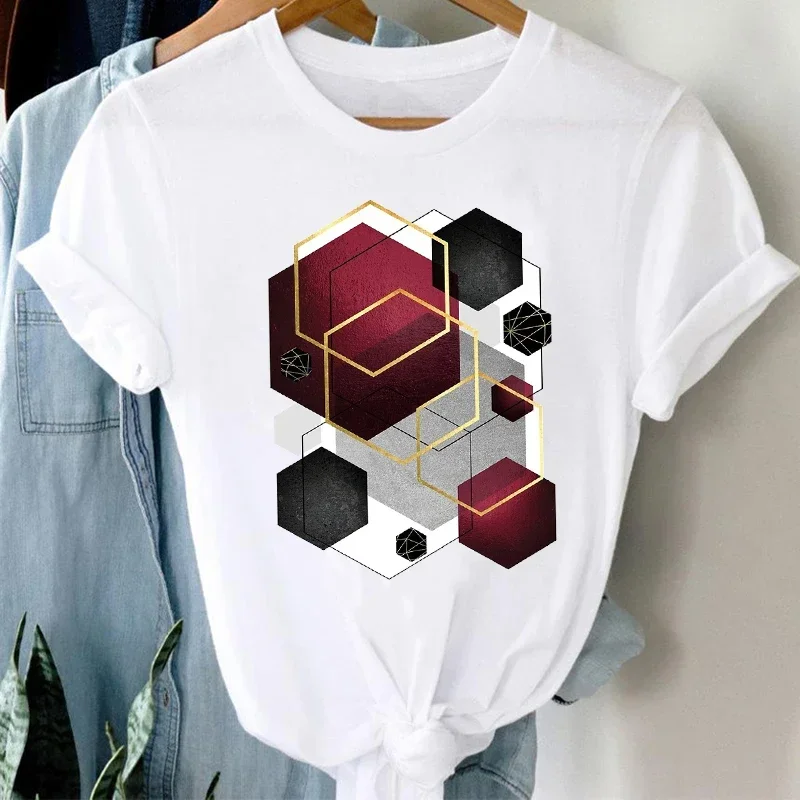 

T-shirts Women 90s Casual Cute Office Geometric Kawaii Cute Fashion Clothes Stylish Tshirt Top Lady Print Girl Tee T-Shirt