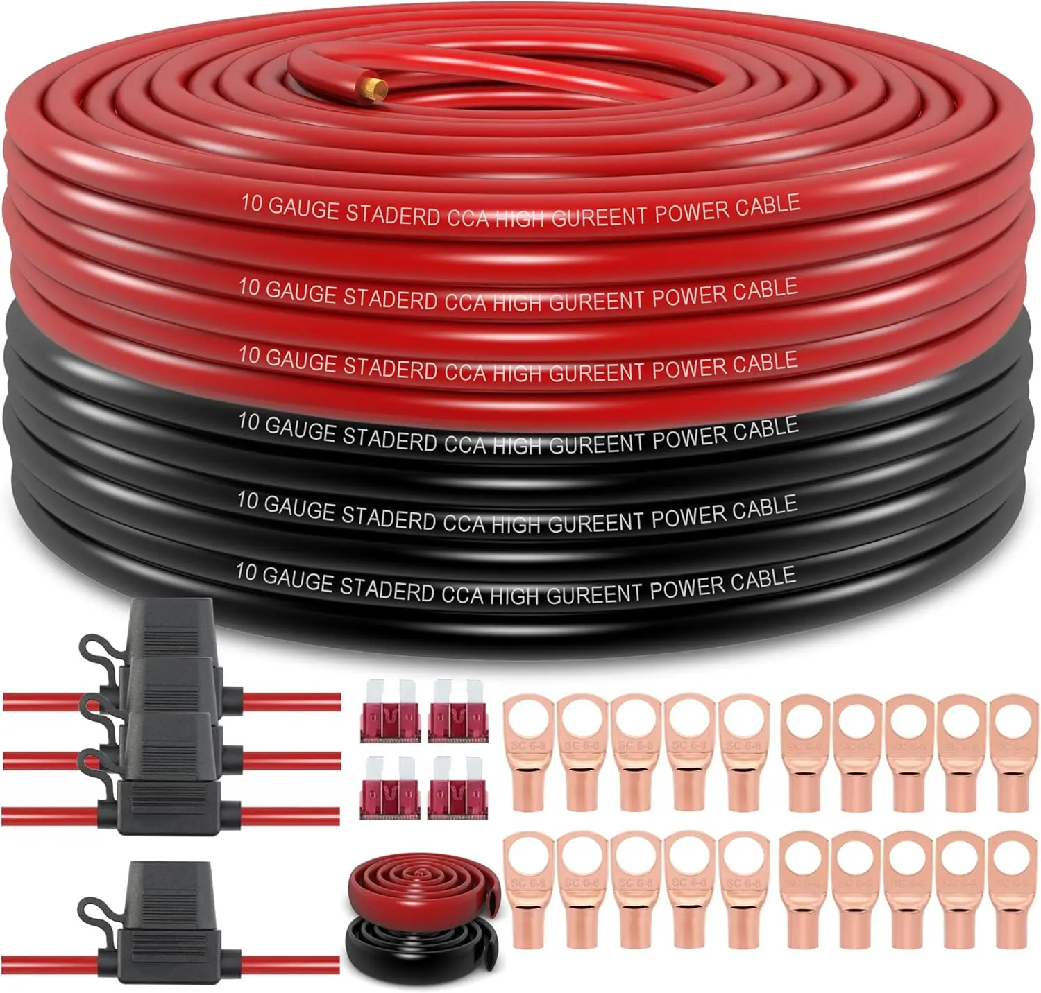 

10 Gauge Wire 100ft Black/Red CCA, 40A Fuse Holder x4, 20pcs Lugs, 3:1 Heat Shrink Tubing for Auto/Amp Ground Cable