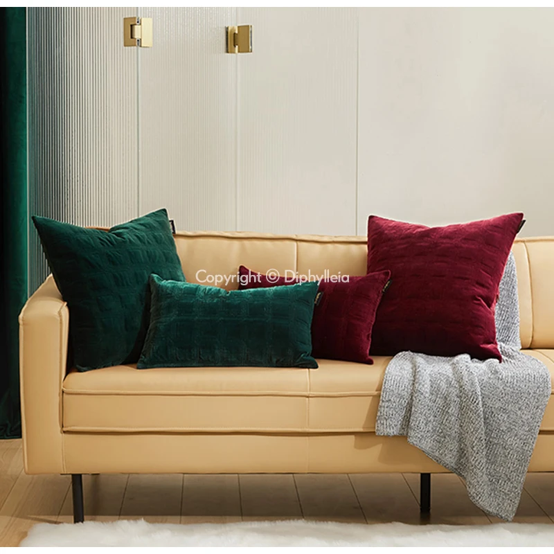 Diphylleia Retro Lux Green Red Cushion Cover Quilted Velvet Textured Pleated Checker Decorative Pillowcase 30x50cm For Couch Bed