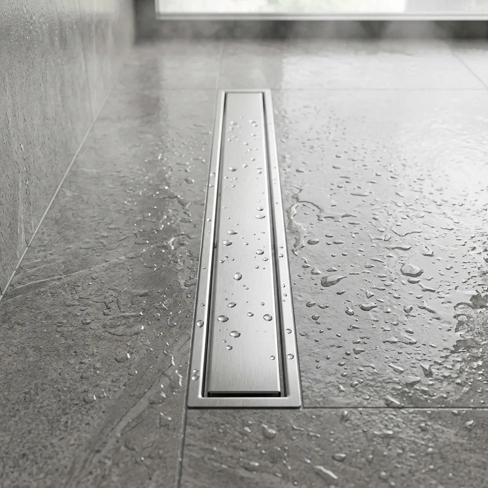Stainless Steel Shower Drain with Brushed Finish for Areas Featuring Flat and Efficient Water Performance Stainless