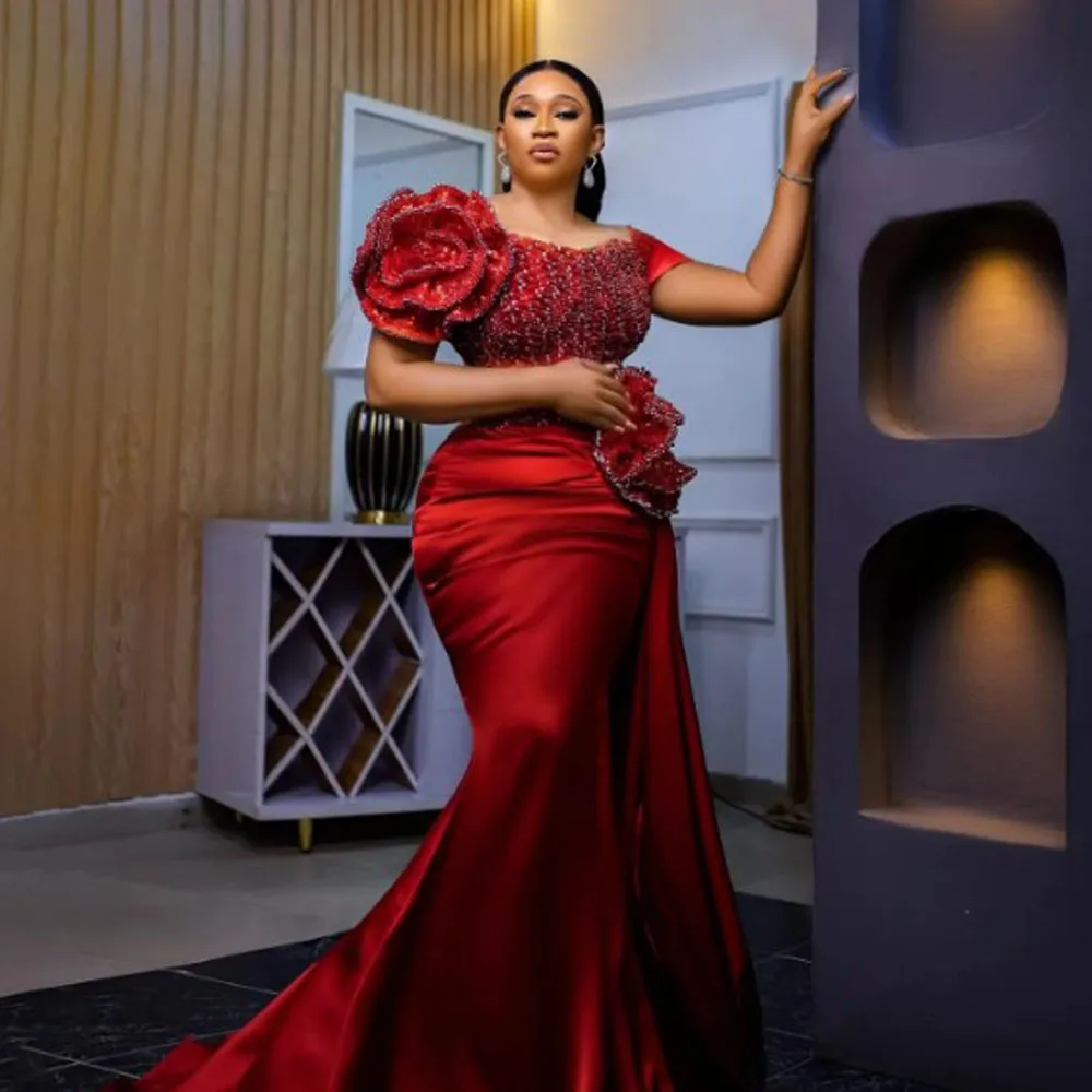 Stunning Red Mermaid Prom Dress with 3D Flowers High Slit Side Train Evening Gown for Women Celebrity Birthday African Style