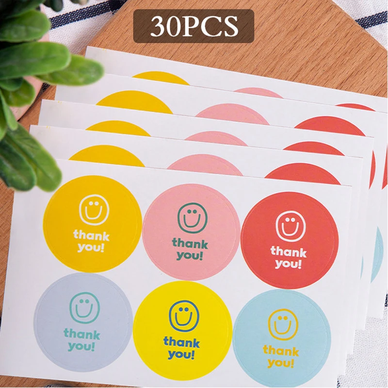 30pcs/5 Sheets Colorful Smiley Stickers Hot Stamping Seal Stickers Bakery Gift Envelope Greeting Card Packaging Smiley Stickers