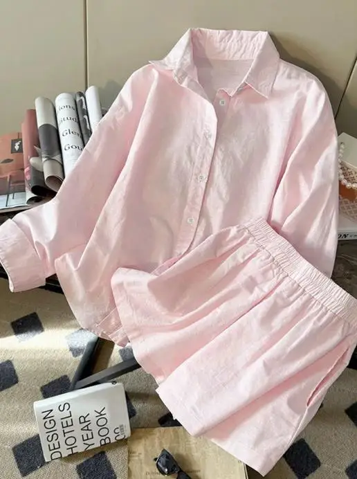 

Two Piece Set Women Outfit 2025 Spring Autumn New Solid Color Turn-Down Collar Long Sleeved Shirt & High Waist Casual Shorts Set