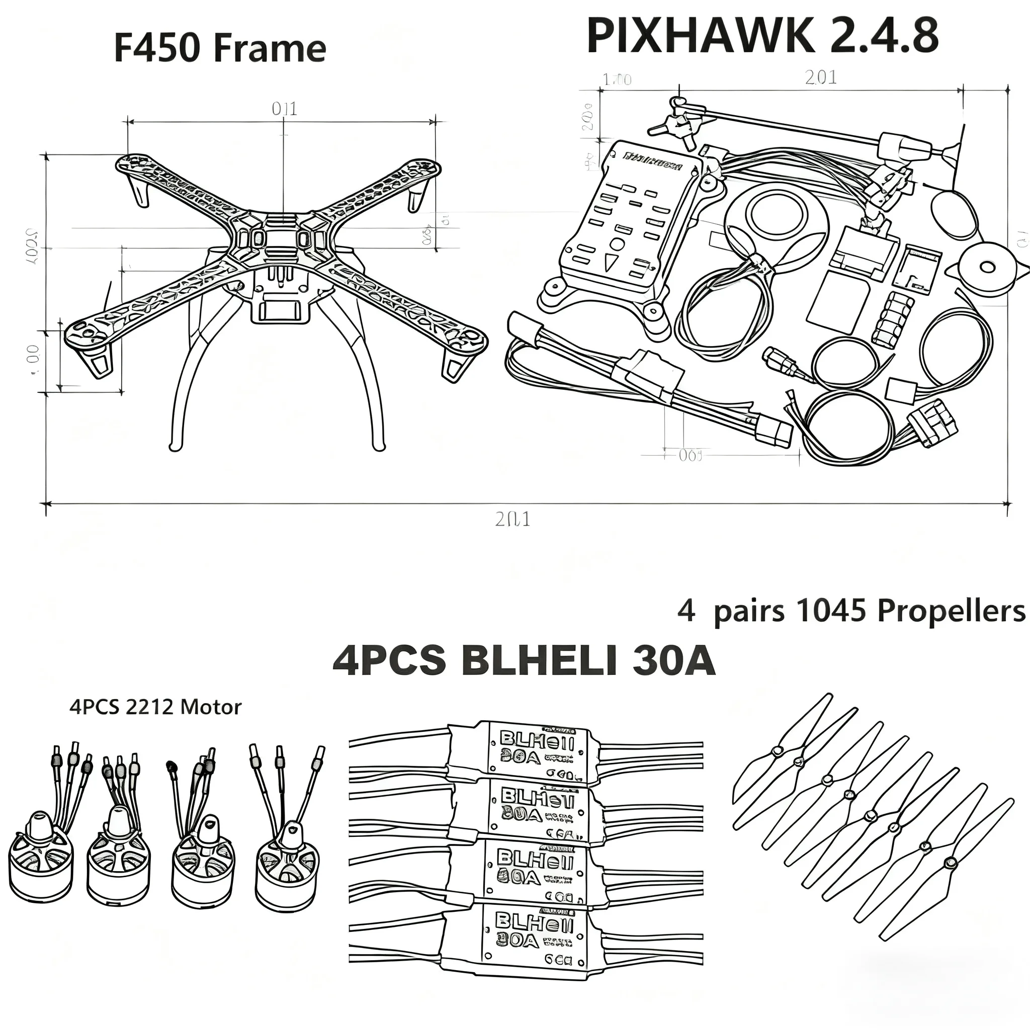 PIXHAWK2.4.8 contrôle de vol F450 Drone Kit Ardupilot 100MW radio télémétrie quadrirotor BLHELI 30A 2212 moteur ESC train d'atterrissage