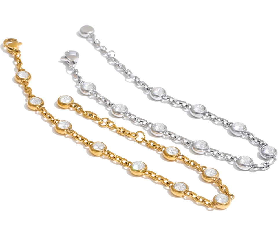 Yhpup Edelstahl CZ Armband für Damen, Kubisches Zirkonia Kettenarmband, Rund, Beliebter Ästhetischer Zarter Handgelenkschmuck – Detail 2