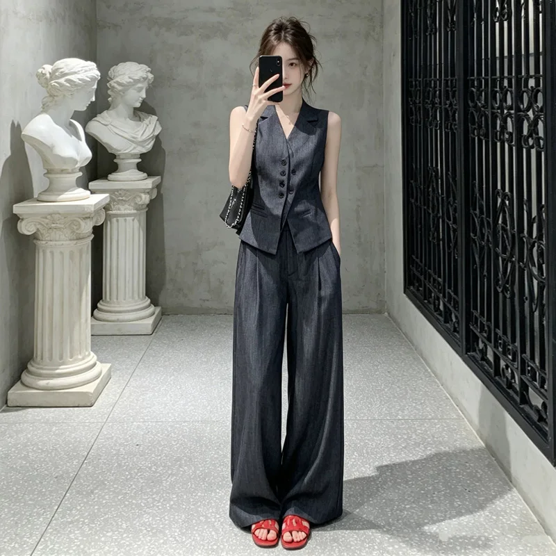 

Slimming Korean Style Two Piece Suit Set with Waist-Cinching Vest And Wide Leg Pants in Denim Blue for Southeast Asian Women