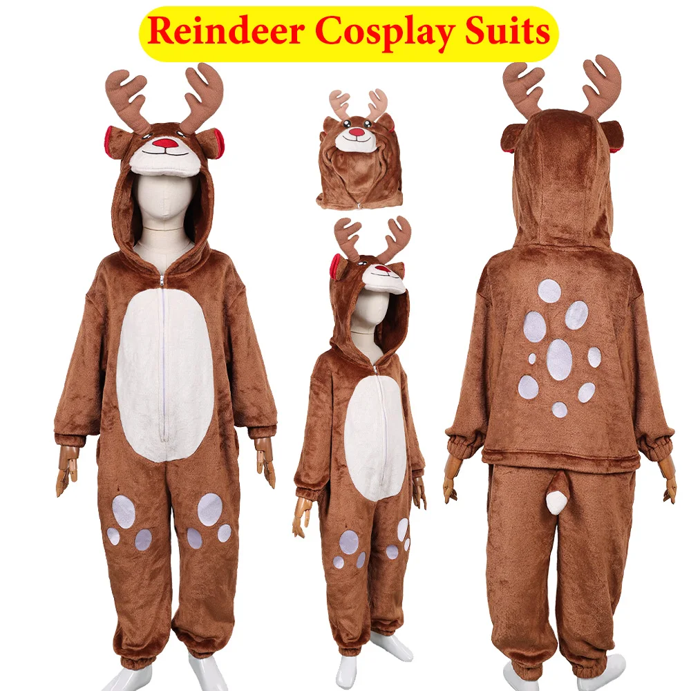 

Kid Children Christmas Reindeer Cosplay Pajamas Costume Animal Stage Performance Brown Deer Jumpsuit Outfit Halloween Party Suit