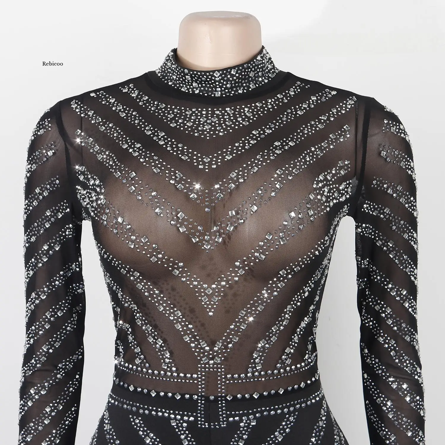 Mono negro transparente de malla con diamantes de imitación para mujer, traje Sexy de una pieza de gran tamaño para fiesta