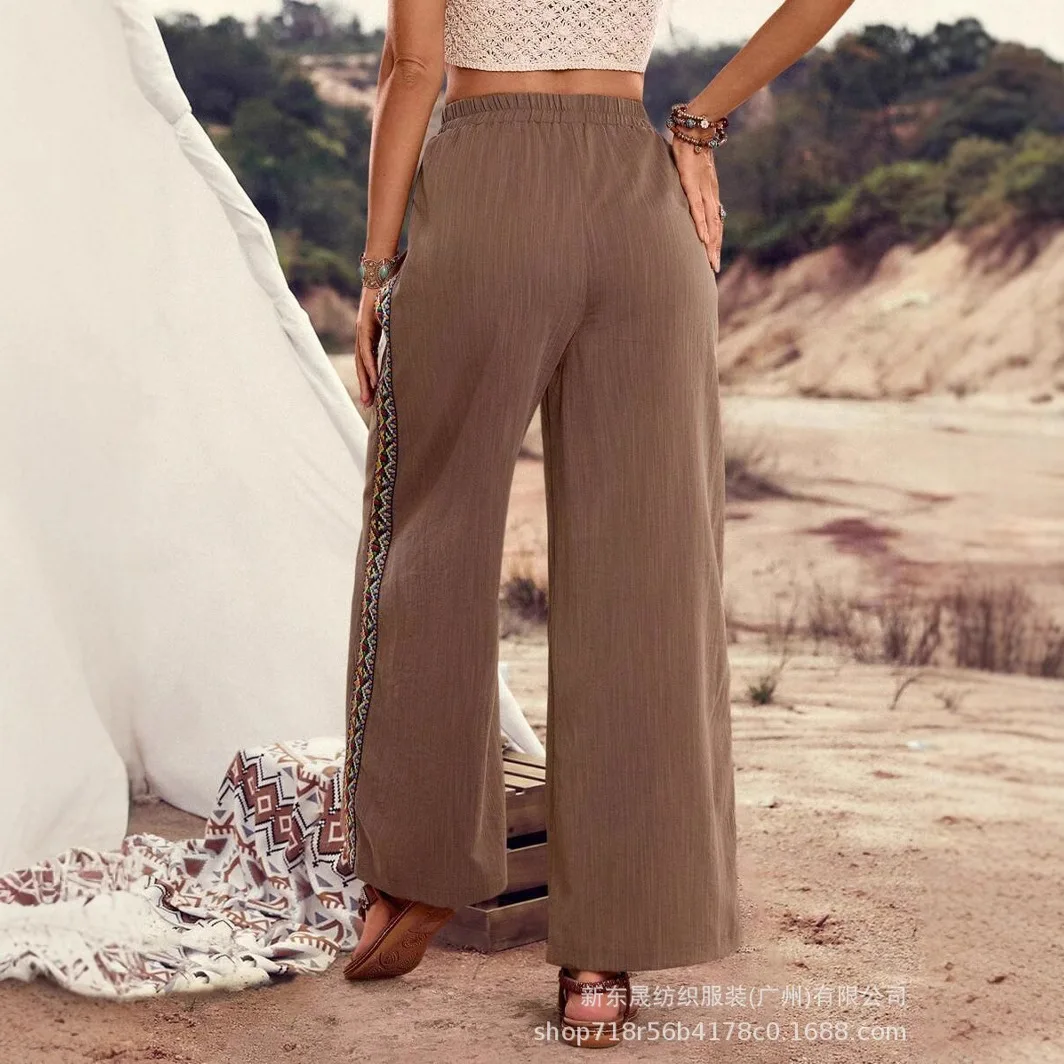 Summer Fashion High Waisted Casual Loose Wide Leg Pants, Women's Elastic Waisted Side Printed Fashionable Straight Leg Pants