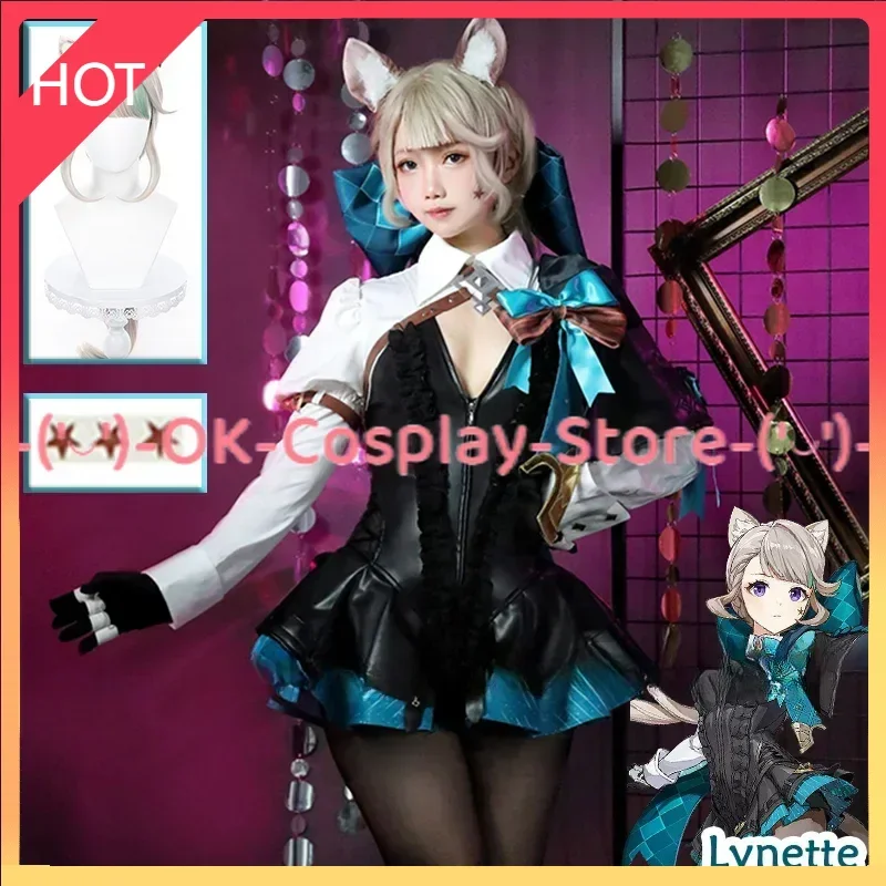 Genshin Impact Lynette Cosplay Costume Wig Hat Gloves Cloak Ears Magician Uniform Lyney Fontaine Halloween Party Girls Women