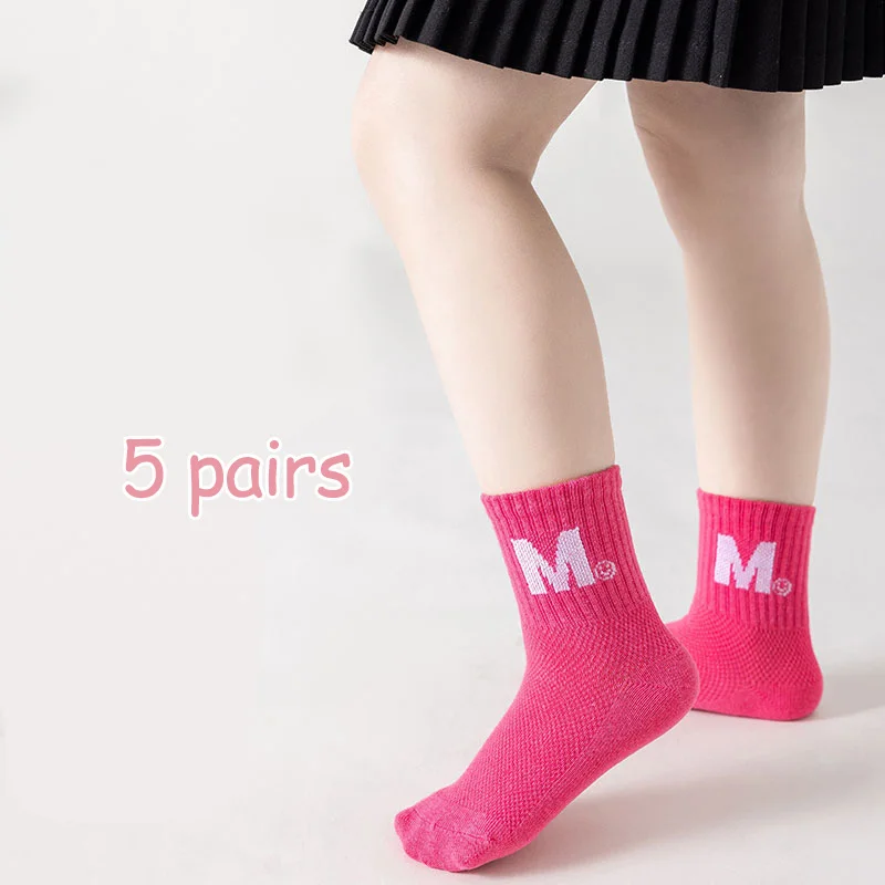 5 pairs of children\'s socks Girls Spring and autumn mesh socks students mid-tube sports socks All-match sweat non-smelly foot pr