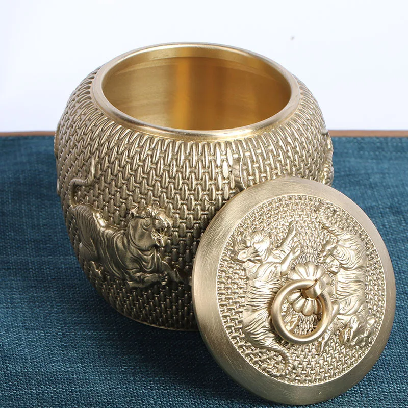 Brass-made Five Tigers Tea Canister with Relief Carving, Large Capacity