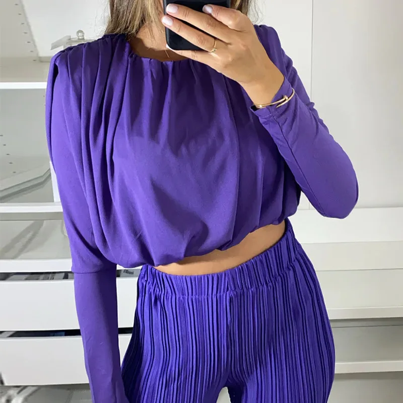 New Women's 2024 Autumn Crew-neck Short Long-sleeved Base Shirt Pleated High-waisted Casual Pants Two-piece Women's Suit