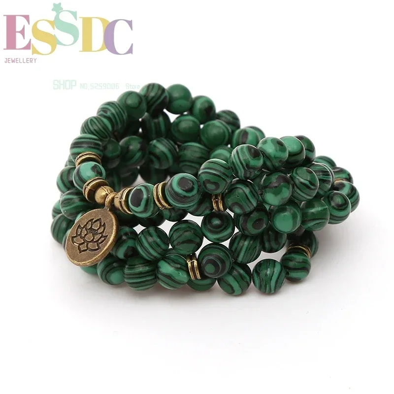 Hot Sale 8mm Natural Green Malachite Stone 108 Mala Beads with  Lotus Charm Pendant Men Or Women's Yoga Healing Bracelet