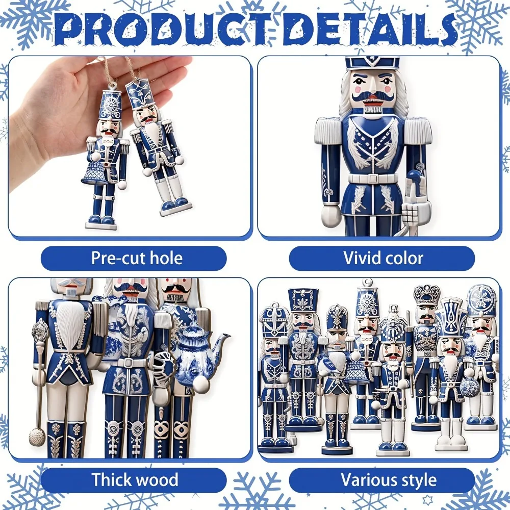 12/24Pcs Wooden Nutcracker Soldier Pendant Mixed Style Blue and White Porcelain Design Xmas Tree Hanging Ornament with Rope