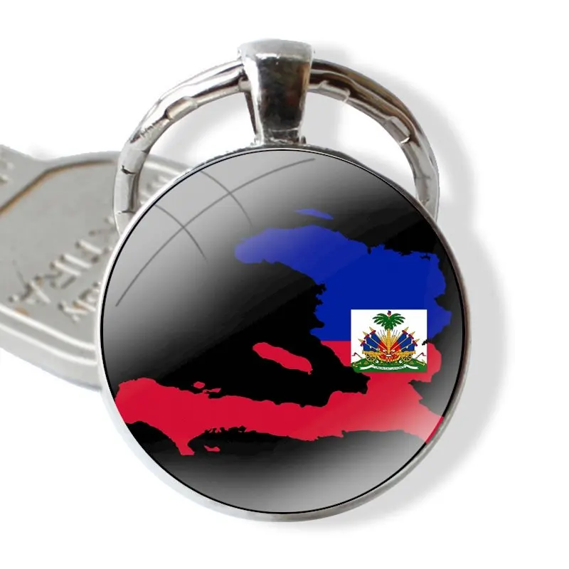 Vintage Haiti Haitian Flag Keychain Handmade Glass Cabochon Key Ring Holder Pendant Key Chains