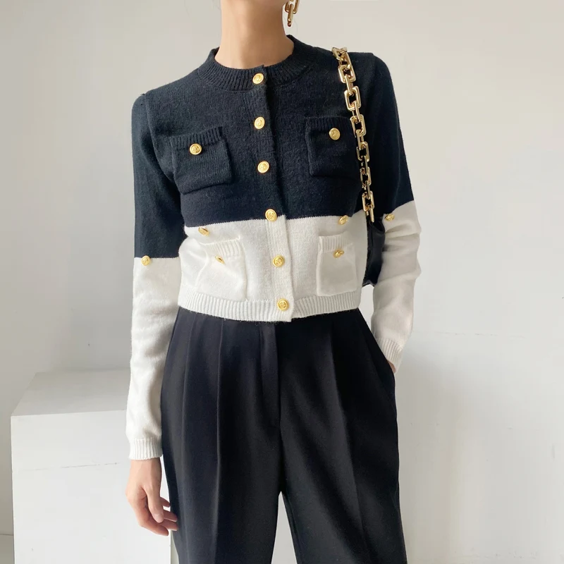Color Blocking Slim Fit Metal Buttons Pockets Long Sleeves Sweater Casual Summer Women's Dresses for Women 2022 Cardigan