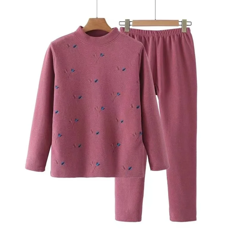 

Plant and Flower Embroidered Round Neck Long Sleeve Contrast Pullover Top Elastic High Waist Casual Trousers Set