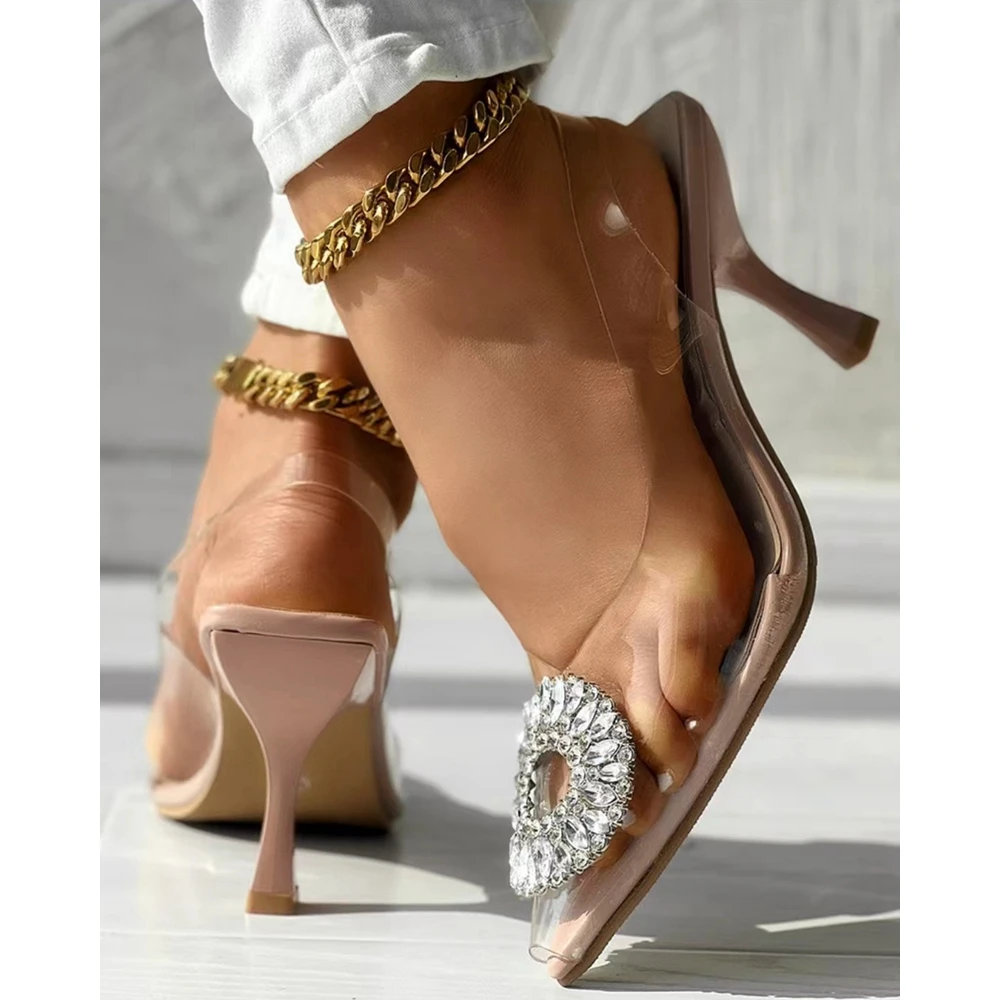 Women Rhinestone Geometric Pattern Clear Pumps Autumn Party Pointed Toe Slingback Thin Heel Shoes Korean Style Spring Fashion