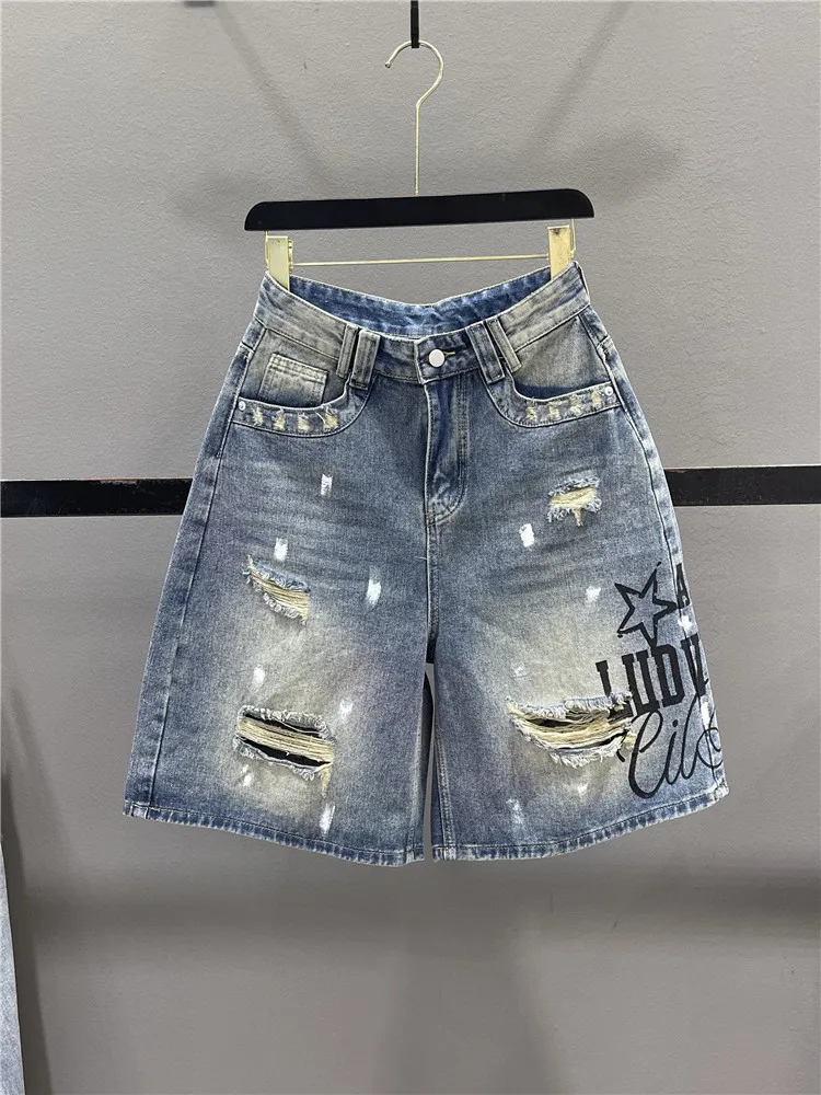 

American Style High Waist Casual Denim Wide Leg Pants Women's Mid-Calf Summer Design Sense Loose Fit Trousers