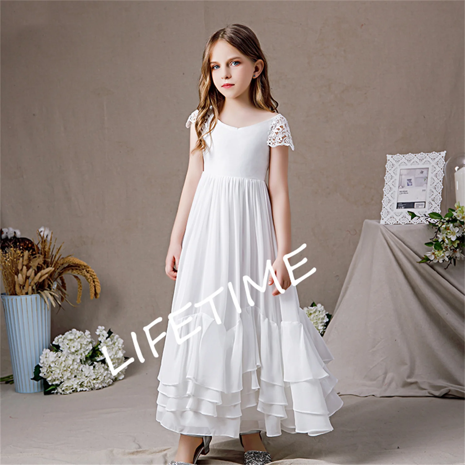 

White Chiffon First Communion Dresses Simple Cap Sleeve Ruffles Junior Bridesmaid Gown Concert Birthday Party Pageant