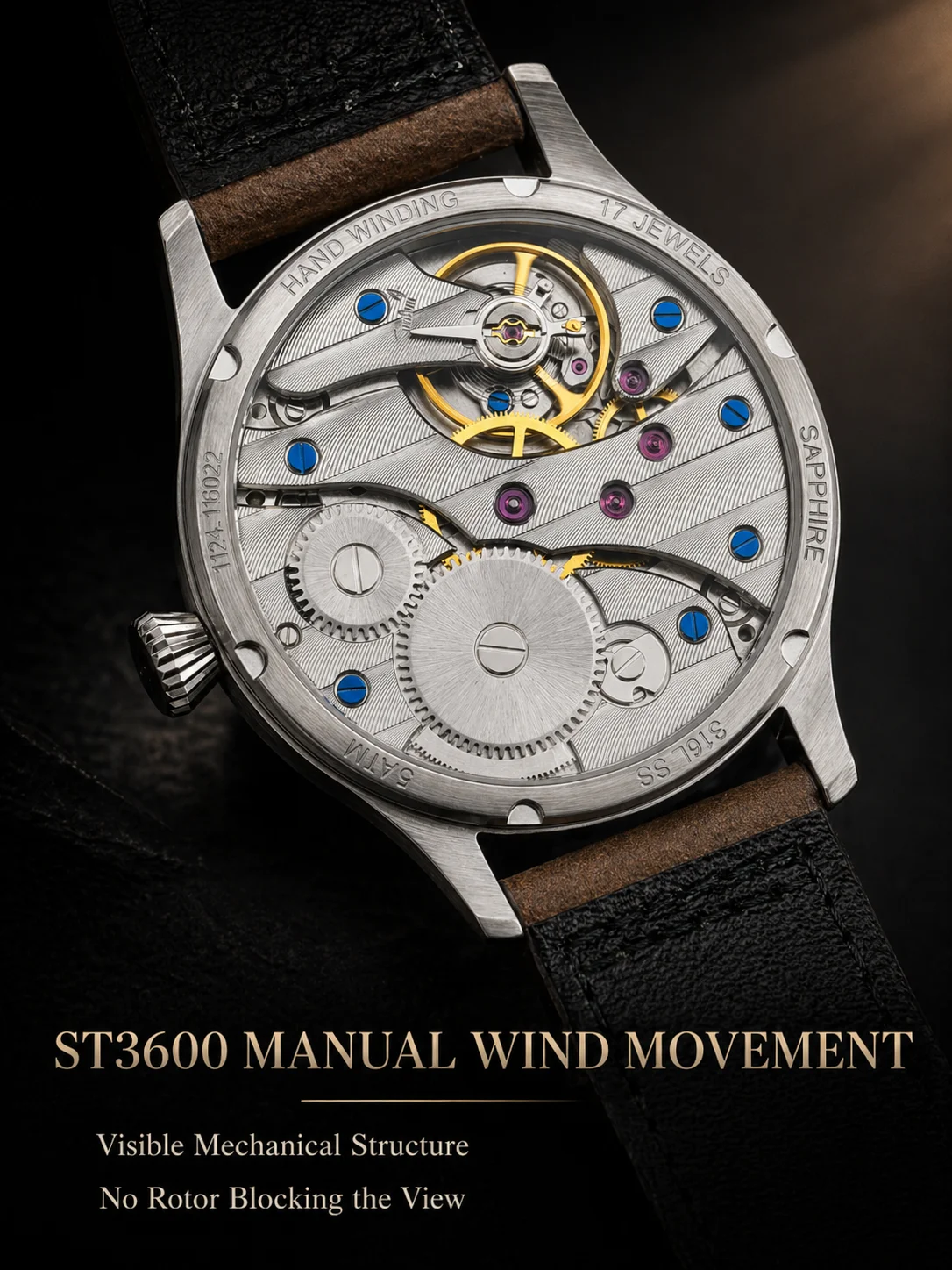 Corgeut 42mm Fliegeruhr für Herren, Handaufzug, Mechanisch, ST3600, Saphirglas, Lederarmband – Detail 2