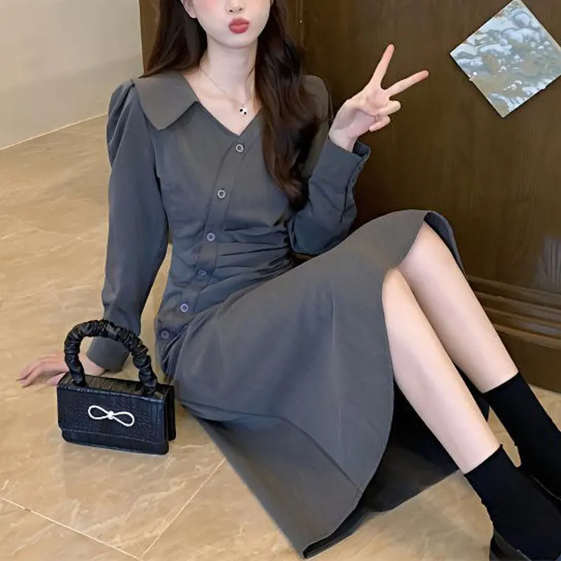 

Korean Solid Color Waist Dresses Women's Clothing Stylish Folds Spring Autumn Aura V-Neck Button Vintage Long Sleeve Midi Dress