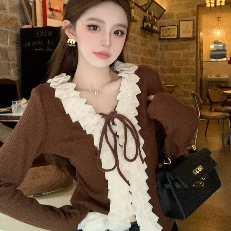 Autumn Winter Chic Ruffled Neck Drawstring Slim Tops Women Fashion  Knitted Pullovers Vintage Elegant Commute Sweaters